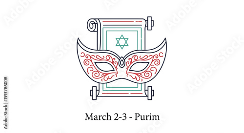 Vibrant Purim celebration elements with masks and scrolls