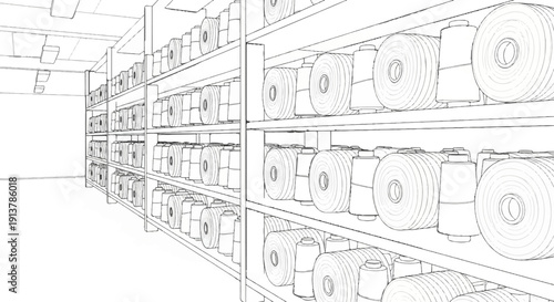 Industrial warehouse shelving filled with rows of large spools