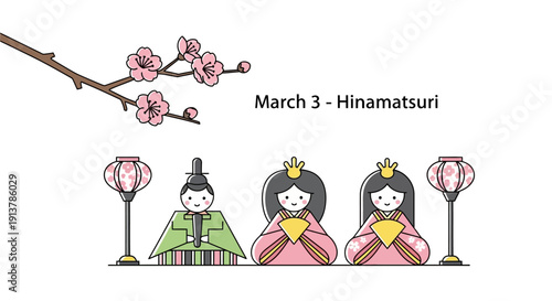 Hinamatsuri celebration with traditional Japanese dolls and cherry blossoms