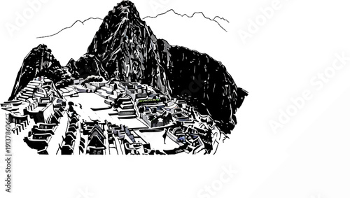 Ink sketch of ancient stone city nestled among dramatic mountain peaks