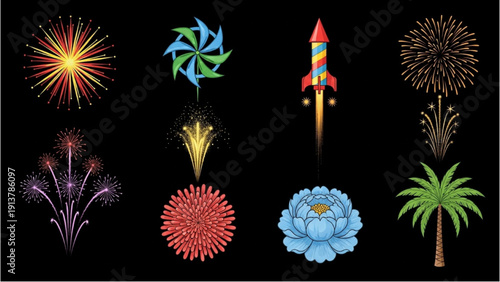 Vibrant Celebratory Icons Featuring Fireworks, Pinwheel, Rocket, Spikes, Flower, and Palm Tree