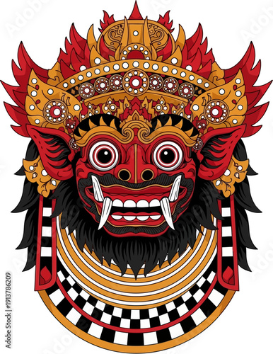 A highly detailed digital illustration of a Balinese mythological creature mask, resembling a Barong