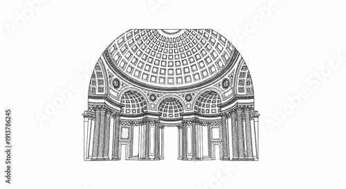 Interior view of a grand dome with recessed panels and arched openings