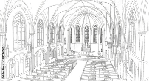 Interior view of a grand gothic church with arched windows and vaulted ceilings