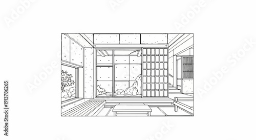 Interior view of a minimalist room with sliding doors and outdoor garden scene