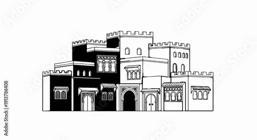 Intricate black and white illustration of a fortified architectural complex