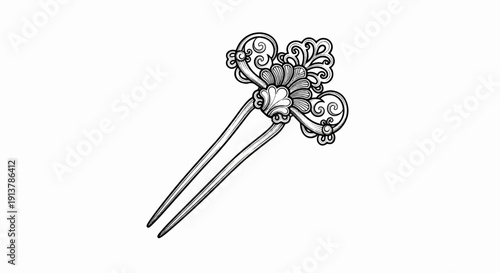 Intricate black and white illustration of an ornate hairpin with swirling decorative elements