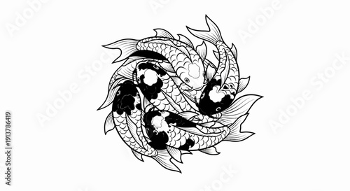 Intricate black and white ink illustration of five koi fish swimming in a circular pattern