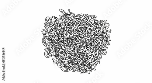 Intricate black and white line art doodle resembling tangled threads or spaghetti