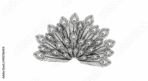 Intricate black and white illustration of a fanned peacock tail feathers
