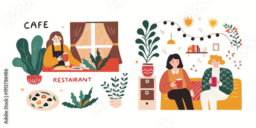 A cozy illustration depicting people relaxing and enjoying a cafe setting