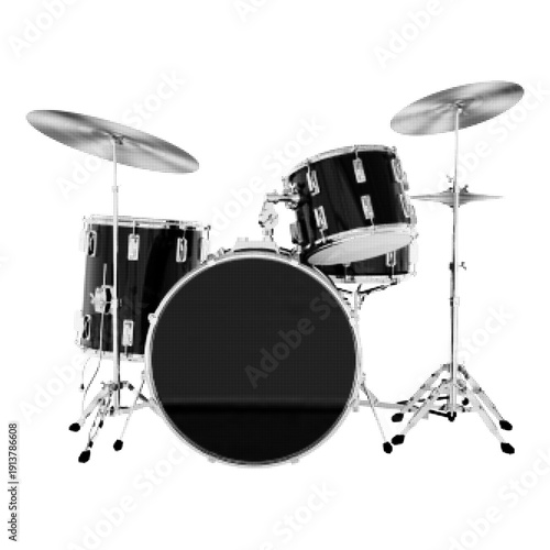 Black and white halftone illustration of drum kit with cymbal and bass drum isolated on white background. Music instrument, band performance and rock concert concept.