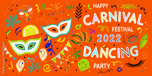 A colorful carnival illustration with masks confetti and festive elements