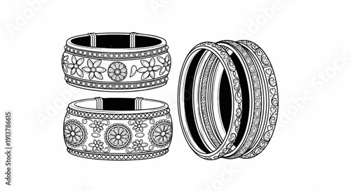 Intricate floral and scrolled metal bangles, one set stacked, another two separate
