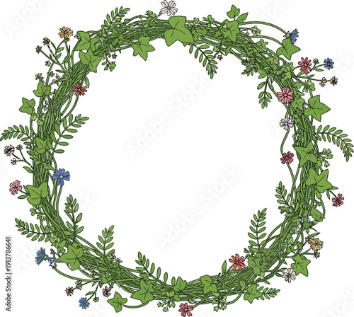 Floral Wreath with Leaves and Flowers in a Circular Arrangement