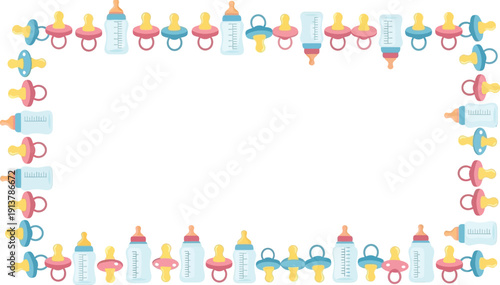 Colorful baby items frame illustration with pacifiers and bottles surrounding a blank space