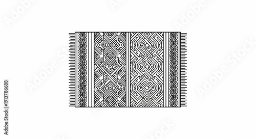 Intricate geometric pattern on a fringed textile in a stark, monochromatic design