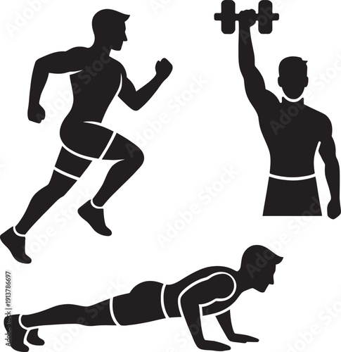 Cartoon man character running and exercising outdoors while checking his fitness tracker mobile application data on a smartphone.