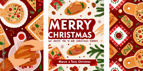 Festive christmas dinner invitation with pizza turkey and holiday decorations