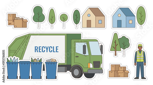 Recycling Truck Bins Worker Urban Waste Collection Global Recycling Flat Outline Vector Green Blue Sticker Elements
