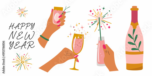 Festive new year illustration with champagne hands and celebratory elements