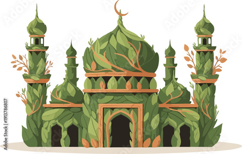 Beautiful mosque structure intricately covered in lush green foliage and natural leaves
