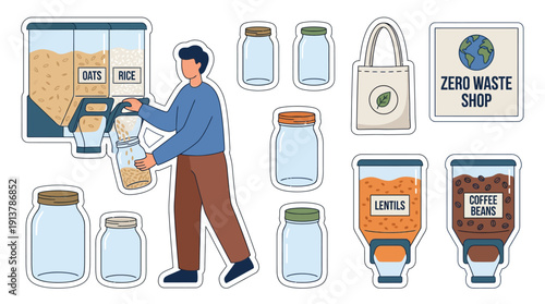 Man, Zero Waste Shop, Bulk Dispensers, Reusable Jars. Filling with Oats, Rice, Lentils, Coffee Beans. Sustainable, Eco-Friendly Global Recycling. Flat Vector, Earth Tones. Isolated Sticker Set.