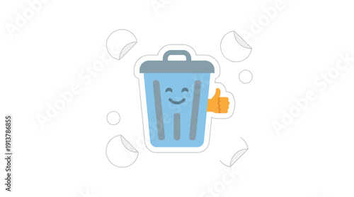 Happy Recycle Bin, Thumbs Up, Paper Icons for Global Recycling, Waste Management, Flat Vector, Blue Orange, Isolated Sticker on White.