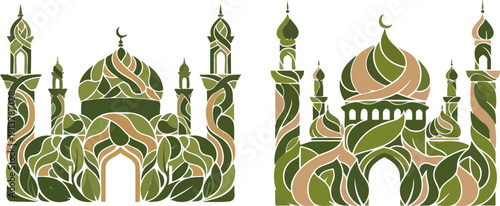 Two stylized Islamic mosque silhouettes featuring abstract camouflage texture design