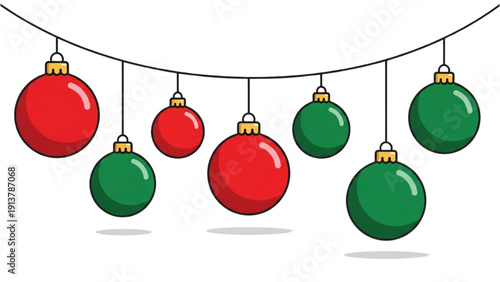 Christmas ornaments hanging from a wire in a festive holiday display