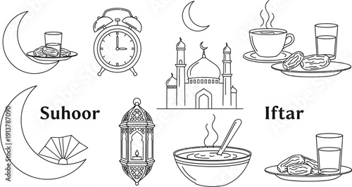 Collection of black and white line art icons representing essential elements and traditions associated with the holy month of Ramadan fasting and celebration