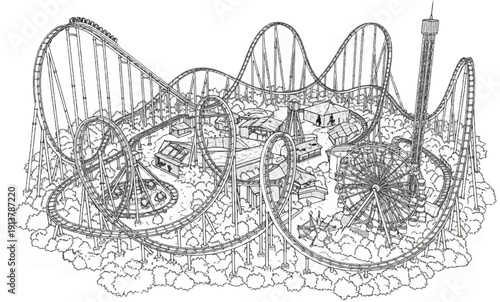 Intricate ink drawing of a sprawling amusement park with rollercoasters and rides