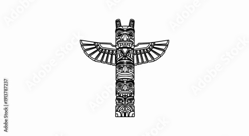 Intricate line art depicts a tall totem pole with carved faces and wings