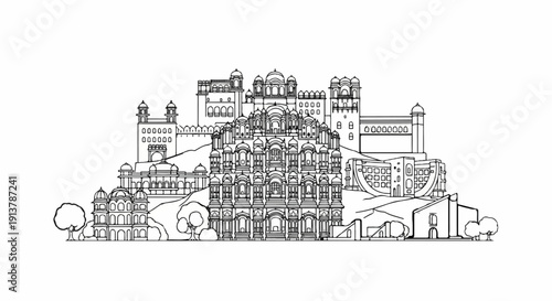 Intricate line drawing depicts a sprawling, layered architectural complex with domes, towers, and windows
