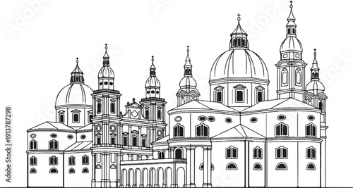 Intricate outline drawing of a grand Baroque-style complex with multiple domes and spires
