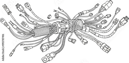 Intricate wiring harness with many connectors and bundled cables