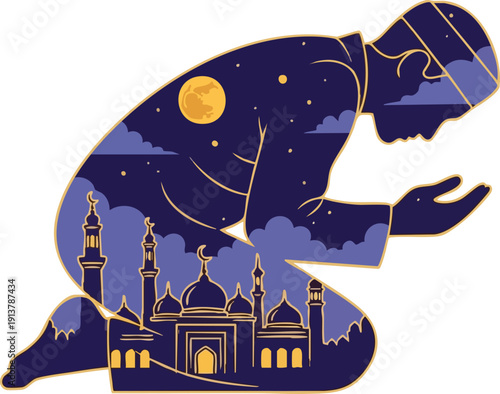 Silhouette of Muslim man praying in submission under a nighttime sky