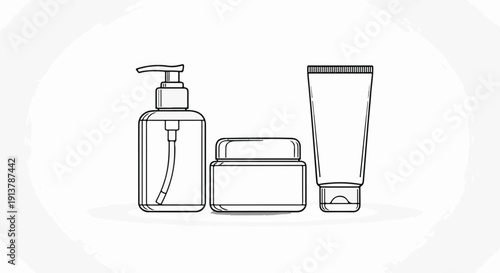 Line drawing of three toiletry containers a pump dispenser, a jar, and a tube