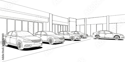 Line drawing of sedans parked in a row outside a modern building with glass windows