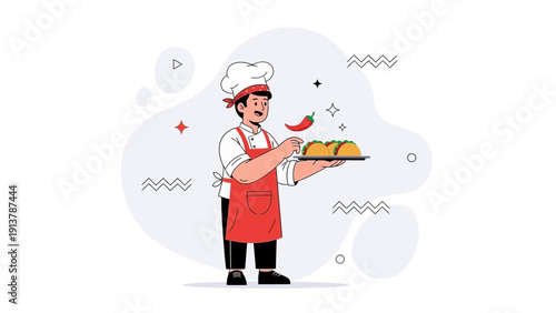 Chef Serving Tacos with Chili Pepper - Mexican Food Concept Illustration
