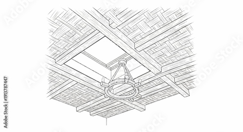 Intricate wooden ceiling with woven texture and a rustic chandelier