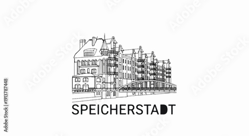 Line drawing of historic warehouse district buildings with a bridge over water