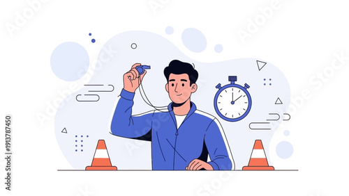 Coach with Whistle and Stopwatch, Sports Training and Timekeeping