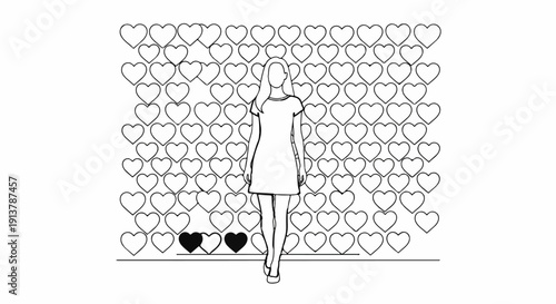 Line drawing of a person in a dress against a heart-patterned backdrop