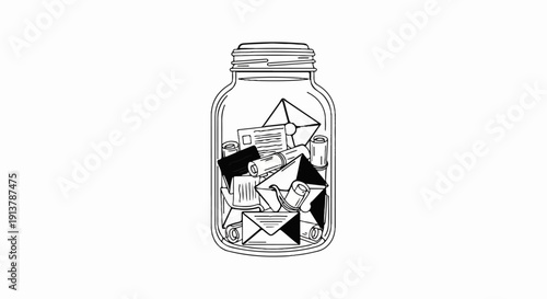 Lined jar filled with letters, envelopes, and rolled scrolls