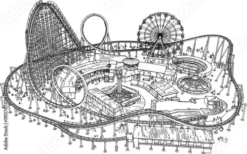 Intricate line drawing of a busy amusement park with roller coasters and a Ferris wheel