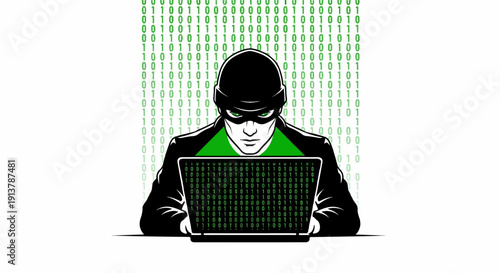 Intriguing hacker with glowing green eyes and binary code on a laptop