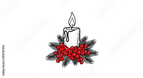 Lit candle with melting wax, surrounded by pine needles and red berries