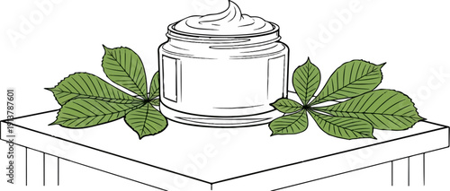 Jar of creamy cosmetic with green leaves on a simple table surface