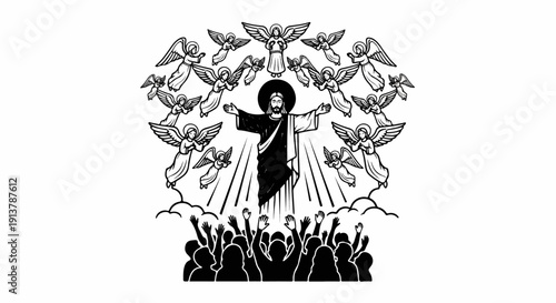 Jesus with outstretched arms surrounded by angels above worshipping crowd